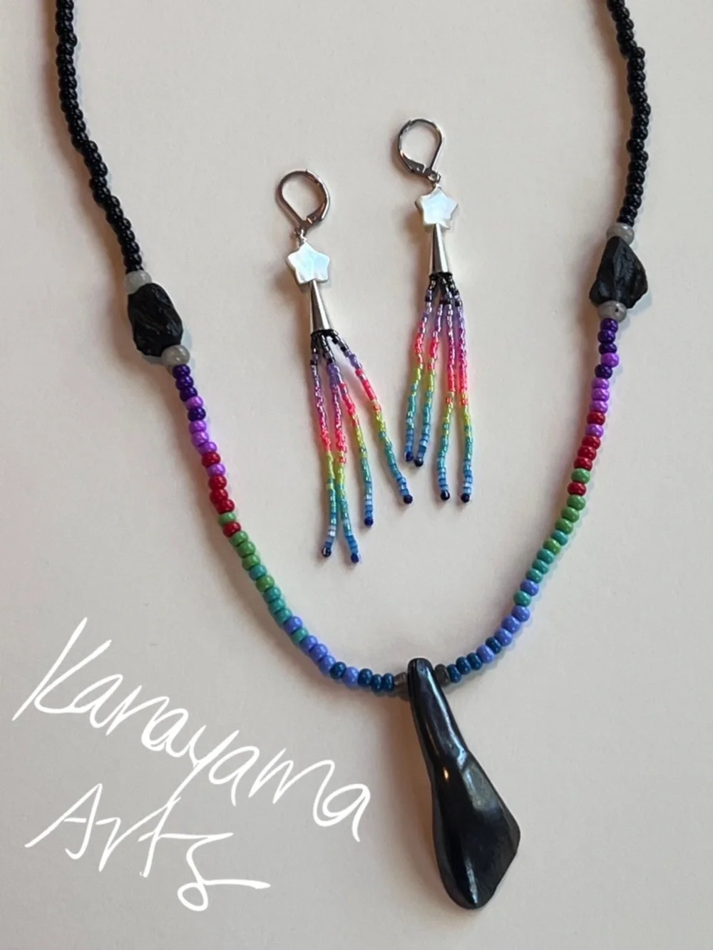 "Aurora" Buffalo Tooth & Tektite Beaded Necklace & Earrings Set - Picture 1 of 1